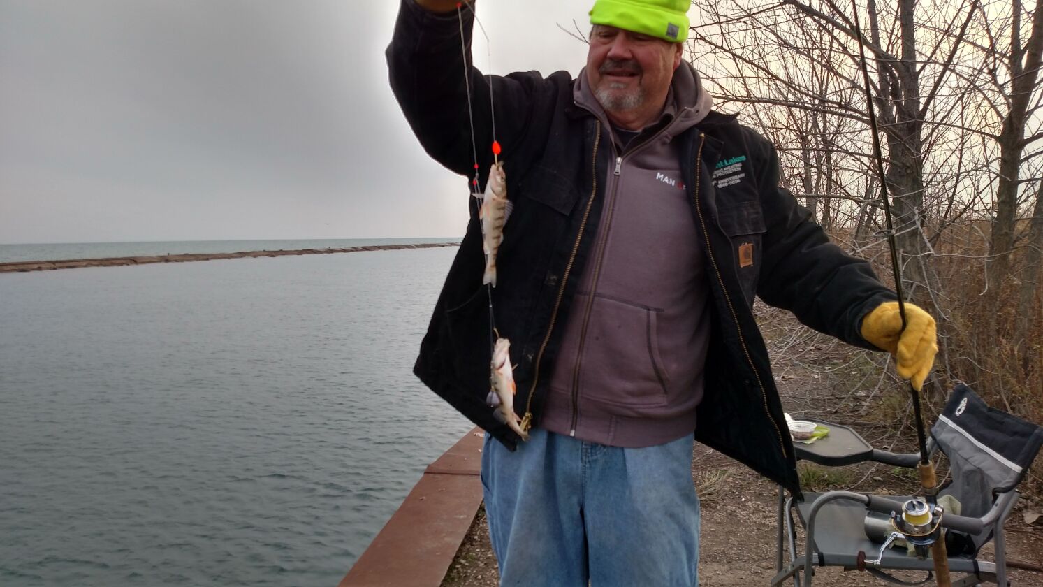 Walter Harvey with a double of perch at Steelworkers Park.<br>Dale Bowman/Sun-Times